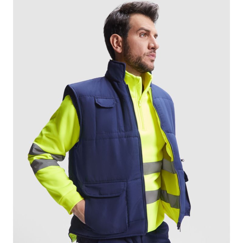 Gilet haute visibilité réversible multi-poches avec col montant, 450 g/m²