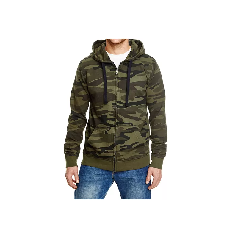 Sweat-shirt à capuche zippée camouflage en coton, cordon noir, 230 g/m²