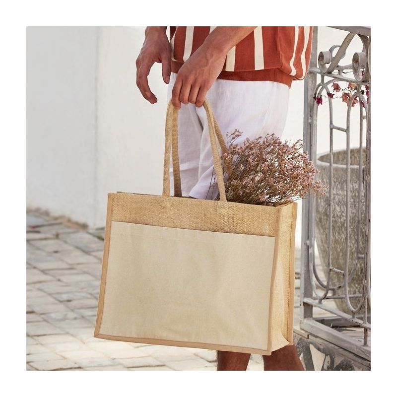 Sac cabas en toile de jute avec poche avant imprimable en coton, 340 g/m²