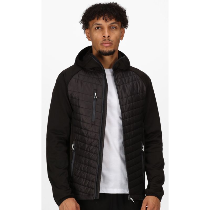 Blouson bi-matière, capuche extensible, poche poitrine, finition DWR