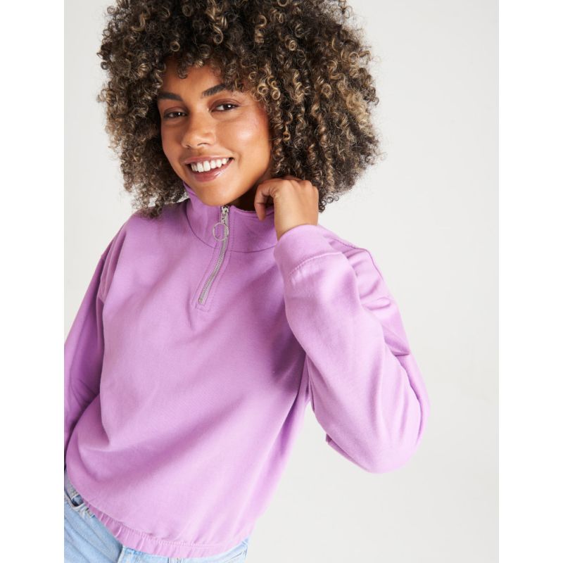 Sweat court col zippé femme, coupe féminine, col cheminée, 280 g/m²