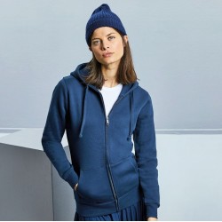 Sweat femme zippé à capuche doublée, accès MP3, 280 g/m²